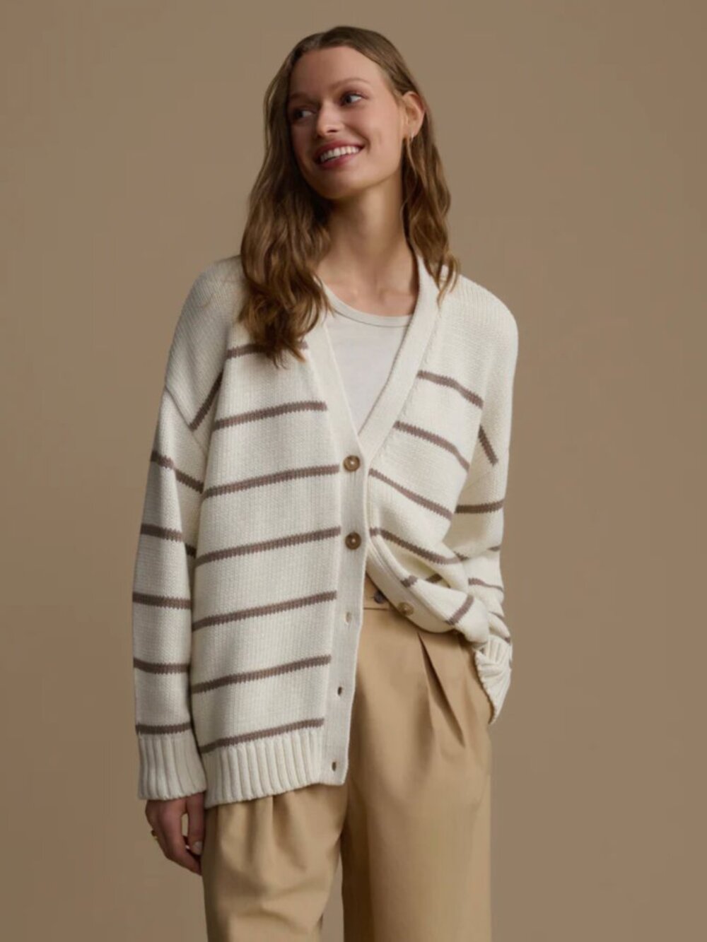 Jenni Kayne Chloe Cardigan in Ivory/Taupe Stripe Size Medium